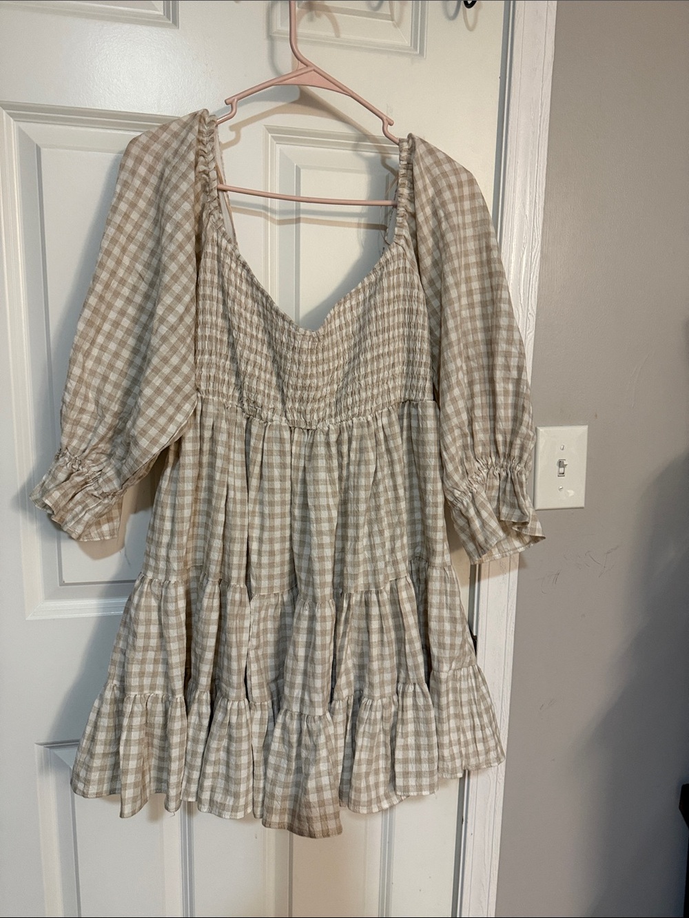 Mable Beige Gingham Smocked Babydoll Mini Dress size L